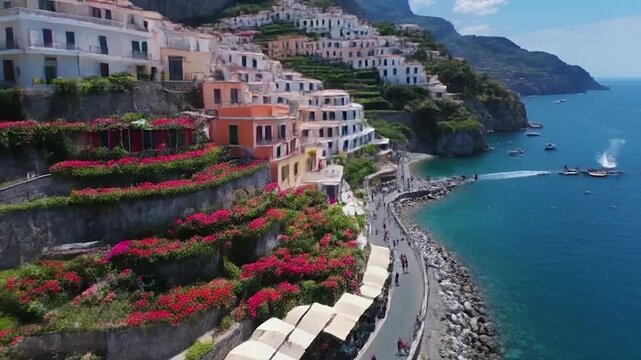 Stunning coastal town with colorful buildings and beautiful ocean views on a sunny day.
