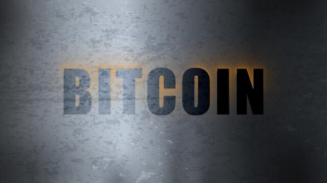 bitcoin crypto currency text animation on the metal plate background