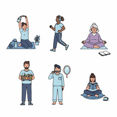 Healthy Lifestyle and Daily Routine Activities Illustration Set: Exercise, Nutrition, Hygiene, Mindfulness, and Reading for Wellness.