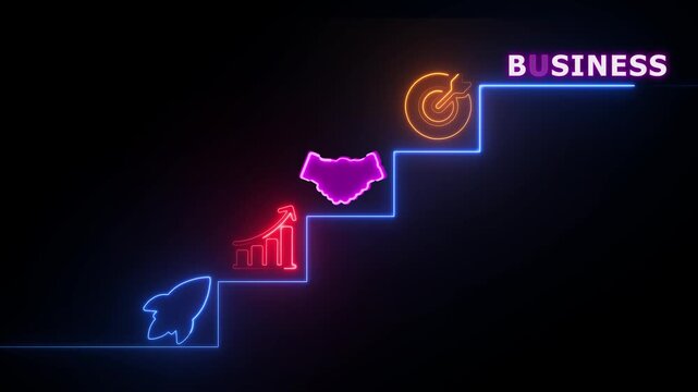 Neon business concept with rocket graph handshake and target on stairs image photo