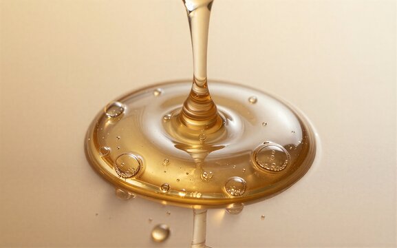 Golden liquid droplets splash, creating ripples and bubbles in slow-motion capture.