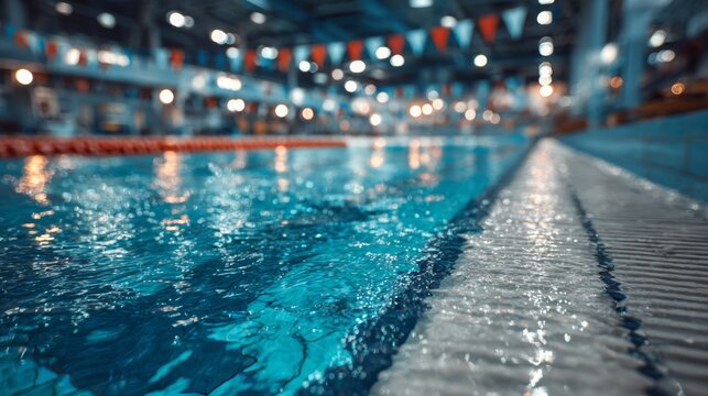 Close-up view of swimming pool lane divider in indoor setting with blurred surroundings and water reflections
