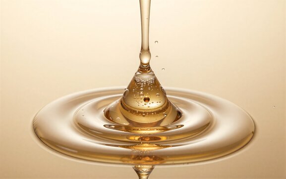 Golden liquid droplets splash, creating ripples and bubbles in slow-motion capture.