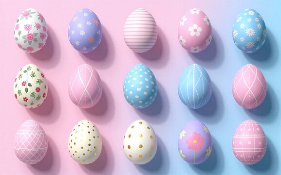 Pastel Easter eggs in floral, geometric patterns on pink and blue backgrounds.