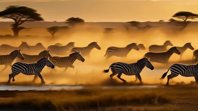 Zebra Stampede at Sunset - A Wildlife Spectacle in the African Savannah.