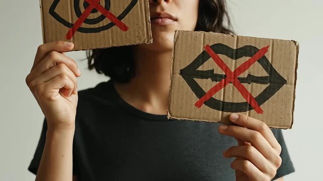 Symbolic Silence: Woman Holds 'No See, No Speak' Signs Representing Suppression for Mental Health Awareness