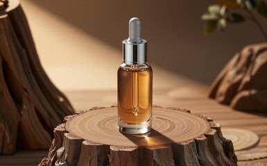 Naklejka premium Golden serum in glass dropper bottle, nestled on rustic wood slice under warm sunlight.