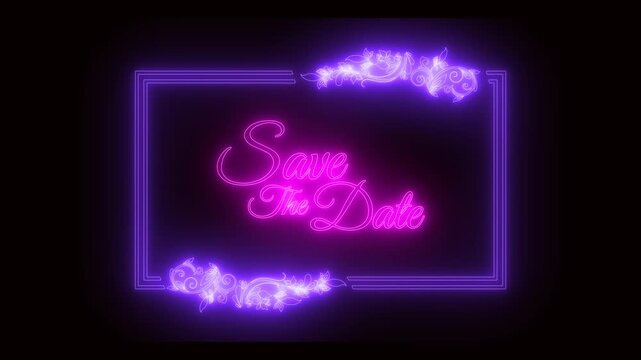 set of save the date floral frame with glowing neon light effect