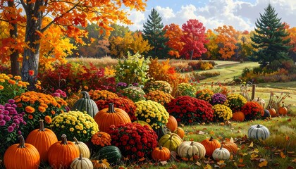 Lush autumn landscape with pumpkins, vibrant blooms, and changing foliage under a blue sky. A winding path leads into the distance