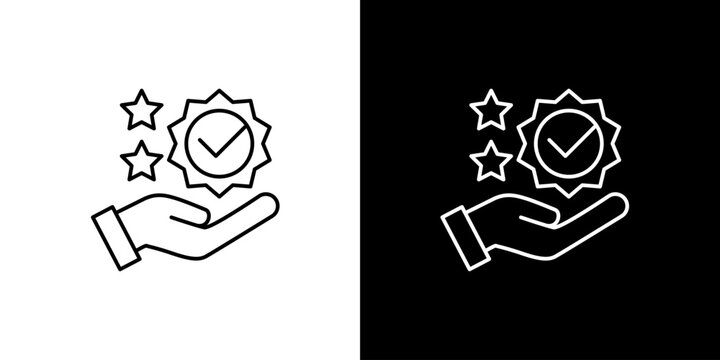Single icon of hand holding a badge of quality with stars, representing excellent service, certification, or customer satisfaction