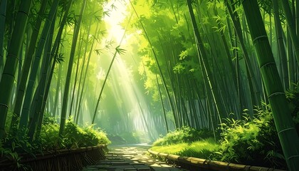 Lush bamboo forest bathed in sunlight, a winding path leading through the verdant landscape, creating a sense of serenity