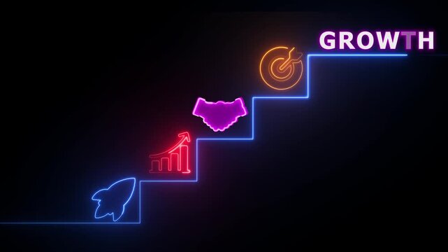 Neon staircase with rocket graph handshake target and growth text on black background image photo