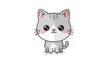 Cute cartoon kitten illustration with big expressive eyes and soft gray stripes, an adorable feline character perfect for playful designs and heartwarming content