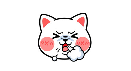 Charming white cartoon cat character illustration with pink cheeks and determined expression exhaling a cloud of breath, symbolizing effort, strain, or a big sigh of relief