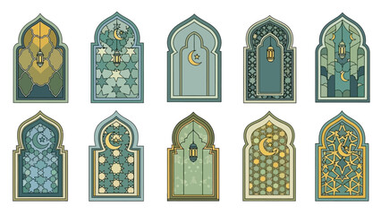Collection of Islamic window designs with geometric patterns and traditional motifs, perfect for architectural and cultural themes