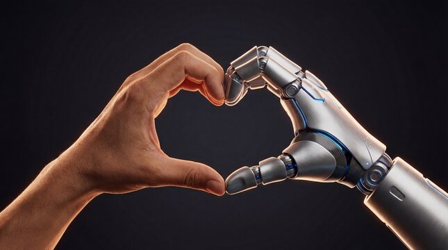 Human and robotic hands forming a heart shape in harmony