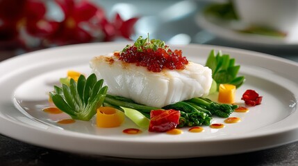 Meticulously plated white fish with caviar and sculpted vegetables ready for gourmet dining experience