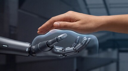 Human hand touching robotic hand showing AI collaboration