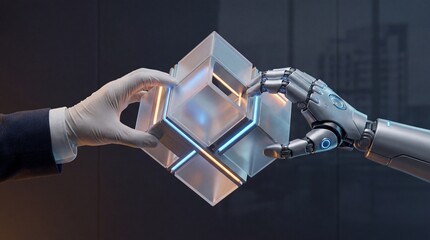 Human hand and robotic arm exchanging glowing cube in modern tech setting