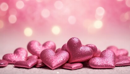 Fototapeta premium Sparkling pink hearts scattered on a surface with a dreamy bokeh background for love and celebration