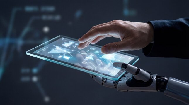Human hand and robotic arm interact with futuristic tablet in dark room - Powered by Adobe