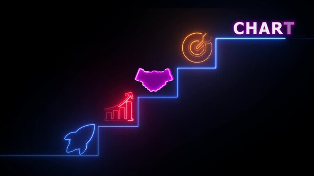 Neon staircase with rocket graph handshake target and chart text on black background image photo