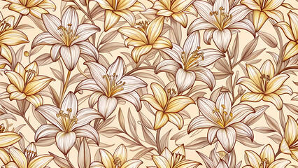 Hand drawn seamless pattern of lily flowers and foliage in monochrome sepia tones elegant botanical illustration
