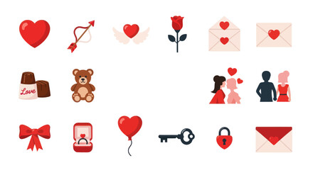 Valentines day icon set hearts roses envelopes and symbols of love