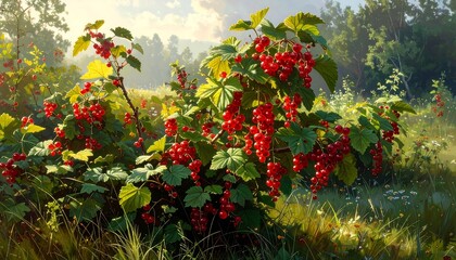 Lush bush displaying red, juicy berries, surrounded by green foliage, growing in a sun-dappled field. Sunlight enhances the vibrant color