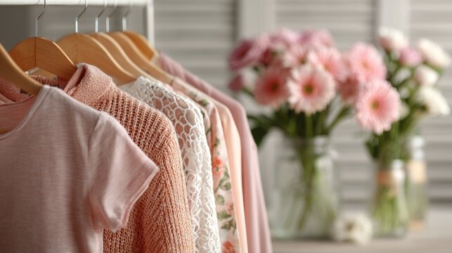 Modern wardrobe displays spring clothing with pastel colors and fresh flowers in a stylish setting