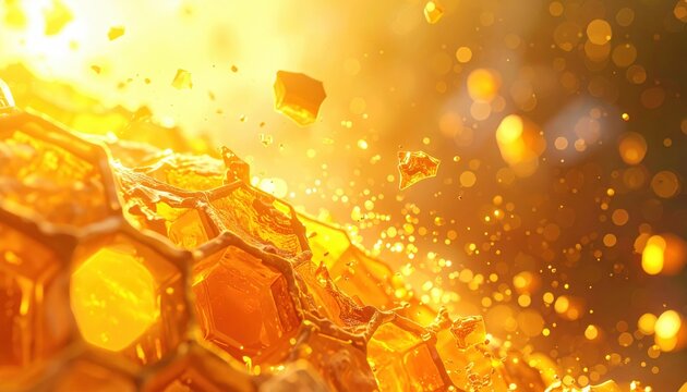 Golden honey flowing in hexagonal cells with bright sunlight and liquid droplets