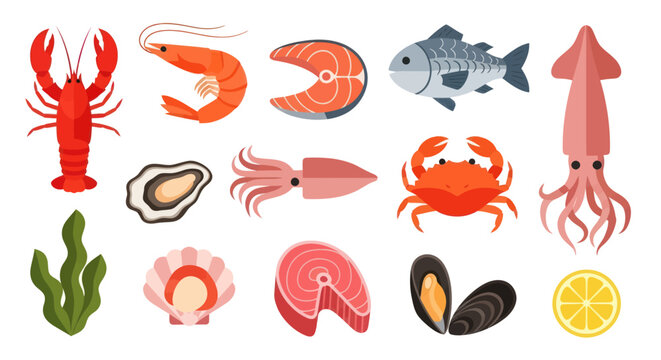 Various seafood elements illustration set for culinary and design projects
