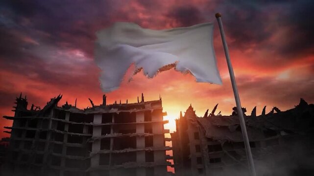White flag of surrender waving over the ruins of a destroyed city at sunset with dramatic sky