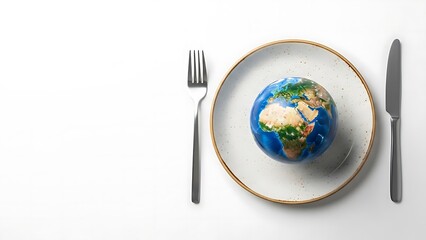 Earth Planet Globe Serving Meal On Plate With Fork And Knife On Dining Table World Environment Day Concept Idea Global Food Crisis And Sustainable Consumption