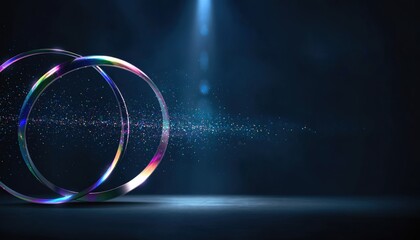 Interlocking iridescent rings with energetic scattering particles against a dark blue background with a bright light beam