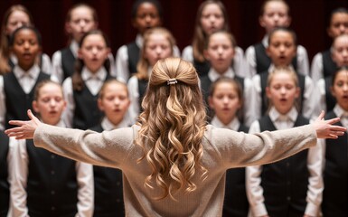 Fototapeta premium Young conductor leads children's choir in harmonious performance, arms outstretched guiding music.
