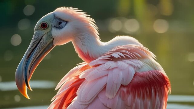 Close-up of a Roseate Spoonbill bird grooming its feathers in soft sunlight.