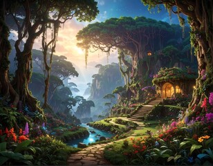 Lush fantasy landscape featuring a sunlit stream winding through a vibrant forest with a stone path leading to a cozy cottage