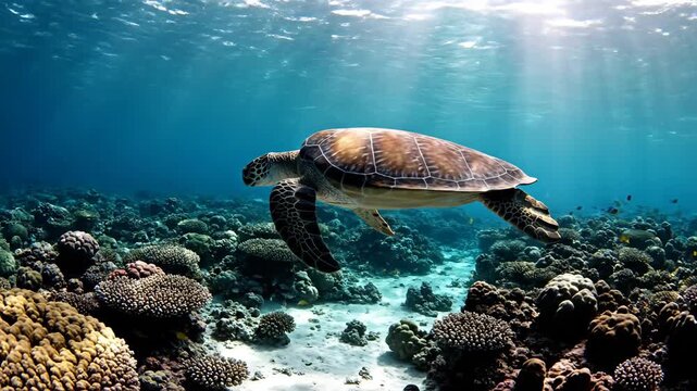 A sea turtle swims over a coral reef with sunlight filtering through the clear blue water, showcasing its brown shell and flippers.