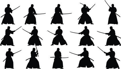 Large collection of black silhouettes featuring traditional Japanese samurai warriors in various martial arts combat poses with katana swords isolated on white backgroundLarge collection
