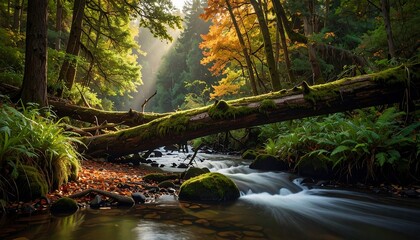 Lush forest scene. A flowing stream passes beneath a moss-covered fallen log, with autumn hues in the background. Sunlight filters through trees