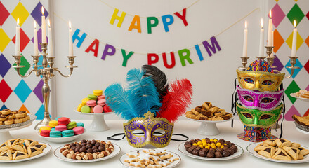 Colorful purim celebration with festive decor, candles, and traditional foods for holiday cheer