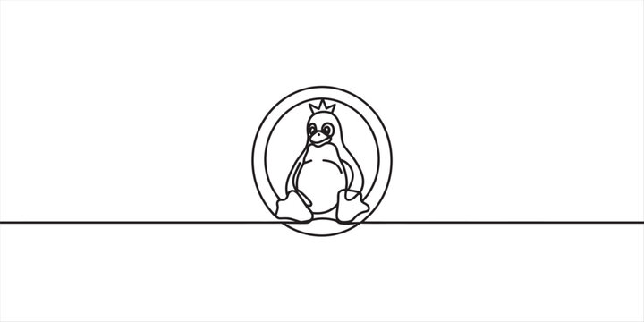 Continuous line drawing of tux, the linux mascot king, inside a circle on a single horizontal line