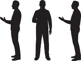 Silhouette of a man presenting or offering something from three angles