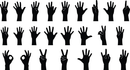 Fototapeta premium Set of various black human hand gesture silhouettes including counting signs peace symbols and ok signals isolated on a white background