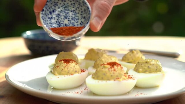 A hand garnishes deviled eggs on a white plate outdoors with a spicy red sauce from a small bowl