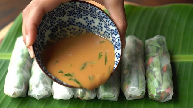 A hand pours a savory peanut sauce over a row of spring rolls arranged on a vibrant banana leaf.