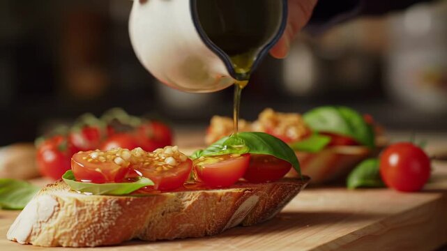 A hand pours olive oil on toasted bread with fresh basil and cherry tomatoes on a wooden kitchen countertop close-up shot