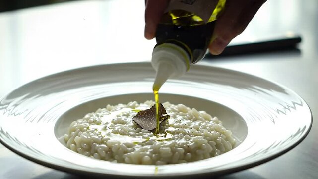 A hand pours oil from a bottle onto a dish of rice on a white plate on a table in a kitchen from a high angle view