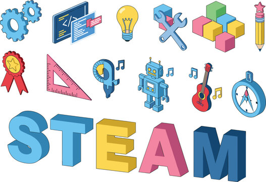 Isometric STEAM education icons set for science technology engineering arts and math featuring robot coding guitar lightbulb and gears.